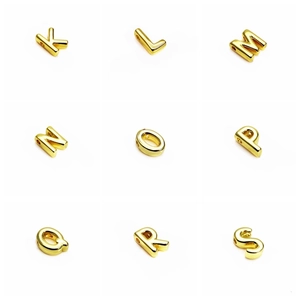 Detailed view of 14K gold plated alphabet beads K to S for DIY jewelry making