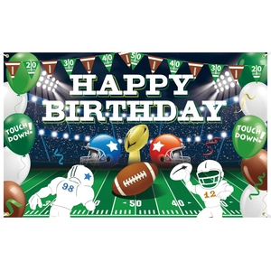 Bannière d'anniversaire thème football américain avec stade et joueurs de dessins animés