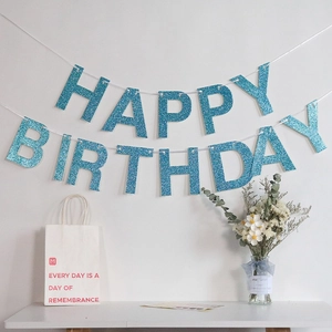Blue Glitter Happy Birthday Banner Sparkling Letter Garland For Kids Birthday Party Background Wall Decoration Hanging Decor