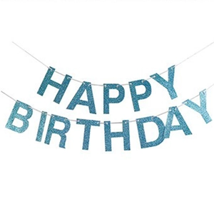 Close-up of blue glittery Happy Birthday banner with sparkling sequins and fine string