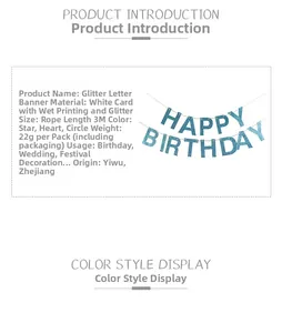Detailed specs of glitter letter banner made with premium white card and 3m rope