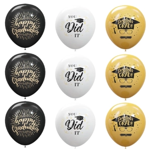 12-inch graduation latex balloons with Happy Graduation prints in black and gold