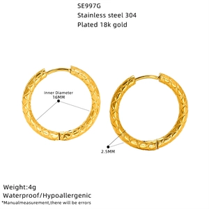 Detail view of 18k gold plated stainless steel hoop earrings with mesh texture