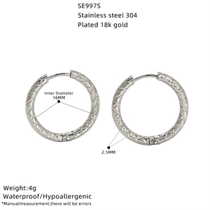 Stainless steel 304 hoop earrings with textured lattice pattern and 16mm inner diameter
