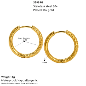Close-up detail showing the 16mm diameter and texture of gold plated stainless steel hoop earrings