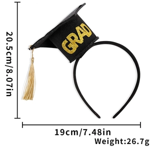 Dimensions of black graduation headband with gold GRAD letters and yellow tassel