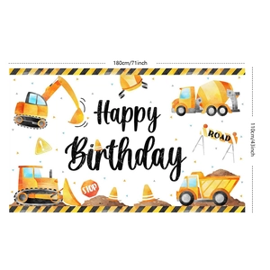 Construction vehicle birthday backdrop showing excavator and dimensions 71x43 inches