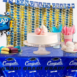 Congrats Grad Disposable Tablecloth Waterproof Plastic Tablecloth Graduation Party Decoration Gold Blue Table Cover For School Ceremony