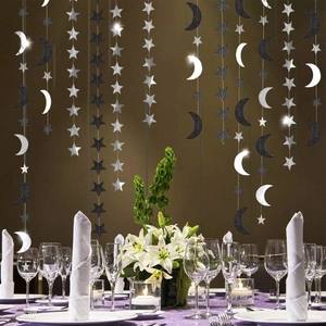 Vertical star and moon hanging garland with silver and black glitter paper decorations