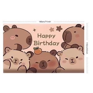 Detailed size chart for Capybara birthday backdrop showing 180cm by 110cm dimensions