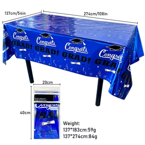 Blue graduation party tablecloth with Congrats GRAD lettering and size dimensions