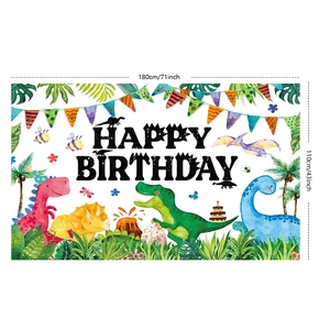 Dinosaur birthday banner backdrop measuring 180cm x 110cm with colorful cartoon patterns