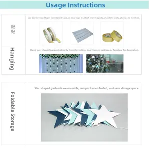 Instruction manual for star garland showing how to paste, hang, and fold party decorations