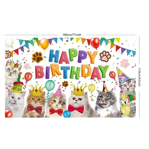 Detailed cat themed birthday backdrop with Happy Birthday text in 180x110cm size