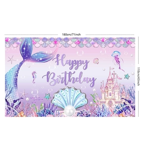 Macro detail of mermaid princess birthday backdrop with dimensions and marine elements