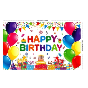 Detailed view of happy birthday backdrop showing 180x110cm size and party elements