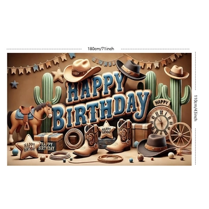 Detail view of wild west happy birthday backdrop with cowboy hat and boots 180x110cm