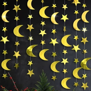 Golden mirror star and moon garland banner for festive birthday party wall decoration
