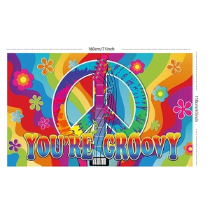 Detailed view of 180x110cm retro groovy backdrop with peace sign and guitar patterns