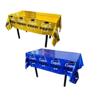 Waterproof Graduation party tablecloths in blue and gold with Congrats GRAD text
