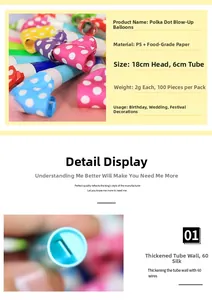 Detailed view of colorful polka dot party blowouts showing 18cm paper roll and PS plastic tube