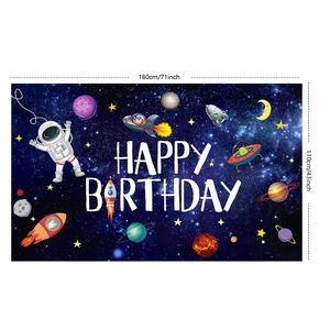 Detail of outer space birthday banner featuring astronaut and rockets in 180x110cm size