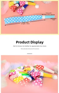 Polka dot party blower details showing 6cm tube length and 18cm extended paper length