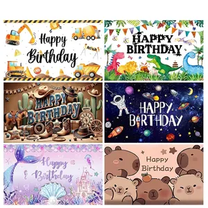 Cartoon Dinosaur Construction Vehicle Birthday Party Backdrop Banner For Kids Birthday Party Decoration Polyester Wall Hanging Poster