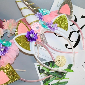 Unicorn headband set with sequin ears and silk flowers for girls birthday party decor