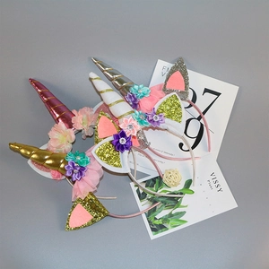 Unicorn headband set with metallic horns and floral sequins for girls birthday party decor