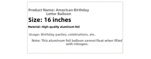 Detailed 16-inch letter foil balloon specifications for birthday party decor requirements