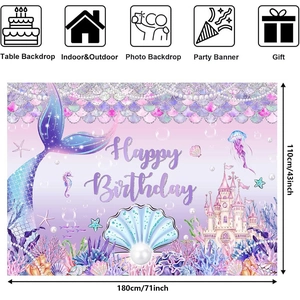 Mermaid birthday backdrop banner 180x110cm with sea shells and castle party decor