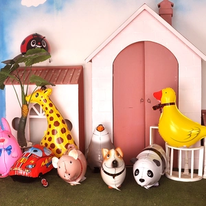 Various walking animal balloons including giraffe, duck and panda for kids party