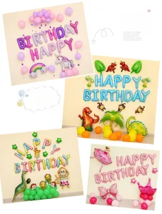 Detailed four-grid display of themed birthday balloons like unicorn and dinosaur sets