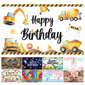 Cartoon themed Happy Birthday backdrops including dinosaurs and construction vehicles