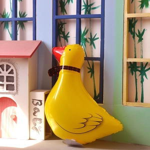 Inflatable yellow walking duck balloon with a plaid bow for birthday party decoration