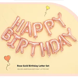 Detail of rose gold Happy Birthday foil balloons set with 16-inch metallic letters