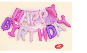 Close-up of macaron gradient pink and purple foil Happy Birthday letter balloons