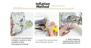 Instructional macro view of self-sealing silver foil balloon with yellow hand air pump