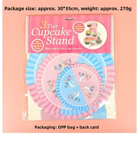 Detailed packaging view of 3-tier gender reveal cupcake stand with pink and blue stripes
