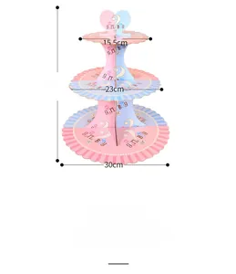 Three-tier gender reveal cupcake stand with Boy or Girl theme and size dimensions