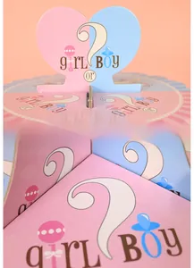 Macro detail of the Gender Reveal cake stand showing girl or boy icons on durable cardboard
