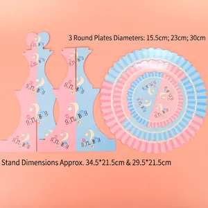3-tier gender reveal cupcake stand with Boy or Girl print and wavy edges for parties