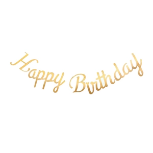 Golden glitter Happy Birthday banner with script lettering for festive party wall decoration