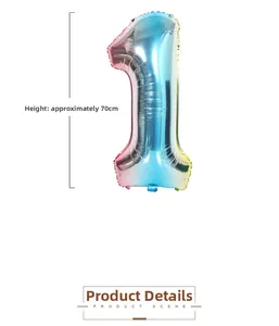70cm tall ombre rainbow number 1 foil balloon showing size dimensions and seal detail