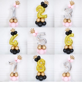 Detail view of 32-inch gold number balloons with crown and colorful latex base for birthdays