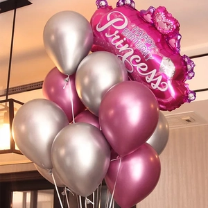 10-inch metallic silver and pink latex balloons with a pink Happy Birthday crown balloon