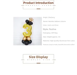 Detailed view of a 32 inch gold number 3 balloon tower with crown and latex base