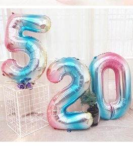 Macro detail of gradient foil number balloons 520 for romantic party decoration