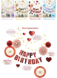 Détails des dimensions des éventails en papier doré et des banderoles d'anniversaire